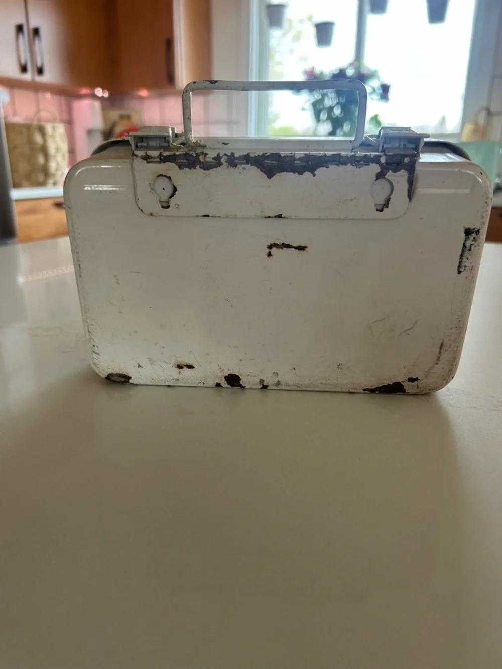 Vintage White and Blue Metal First Aid Kit